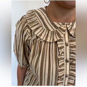 Ulla Johnson Mae Blouse in Sand: Beige + Cream Striped Ruffle-Trim Collar 6